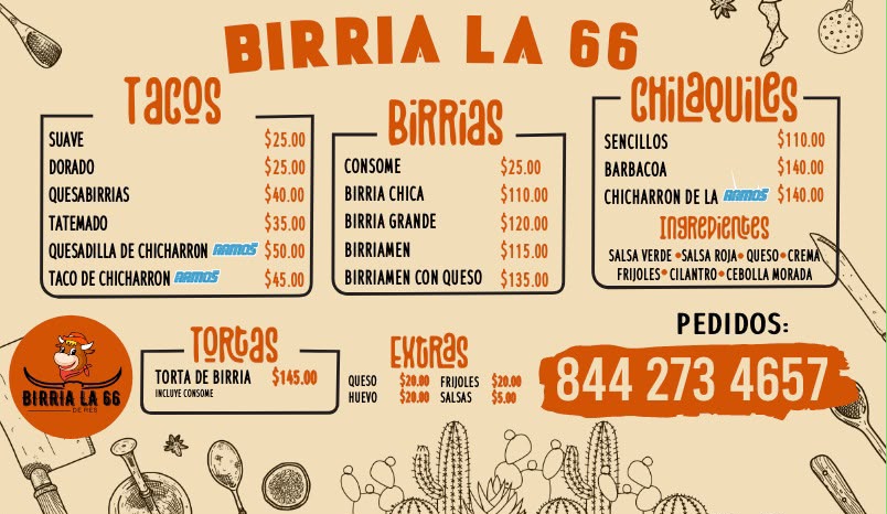 Menú original de Birria La 66 con tacos, birrias, chilaquiles, tortas y extras