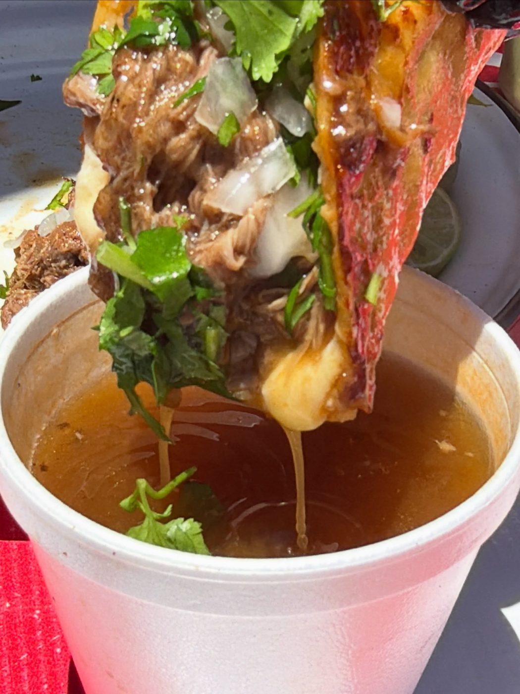 Taco de birria sopeado en consomé